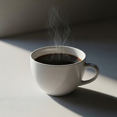 Steaming hot black coffee in a simple white cup on a bright surface