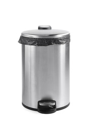 One metal trash bin with plastic bag isolated on white