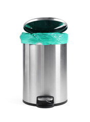 One metal trash bin with plastic bag isolated on white