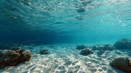 Breathtaking Underwater Scene with Vibrant Coral Islands, Sunlight Dancing on Sandy Seabed Below