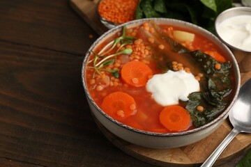 Tasty lentil soup in bowl served on wooden table, closeup. Space for text