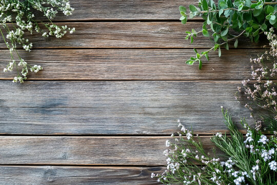 Generative AI image of colorful dried herbs and flowers in stone bowls used for natural herbal therapy and medicine