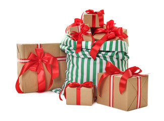 Santa Claus bag with Christmas gifts isolated on white