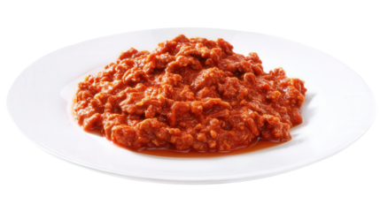 Bolognese sauce on a white plate isolated on a transparent background. Generative AI