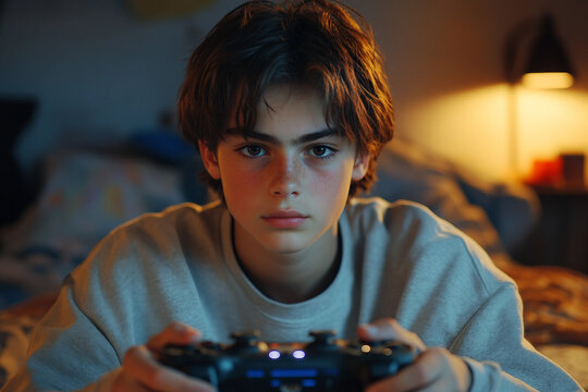 Generative AI image of teenage gamer wearing headphones, focused face with neon lighting during online gameplay