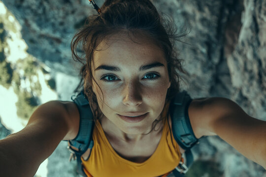 Generative AI image of a smiling person enjoying extreme bungee jumping adventure with scenic mountain landscape behind - Powered by Adobe