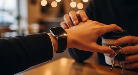 Close-up of a persons hand with a smartwatch receiving a coffee cup and keys.