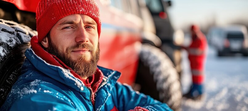 A rugged man with a beard, wearing a red beanie and blue jacket, stands near a snow-covered vehicle in a winter scene