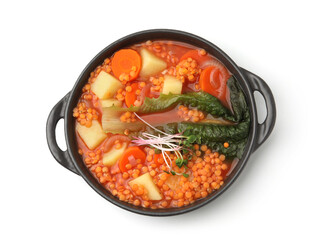 Tasty lentil soup in bowl isolated on white, top view
