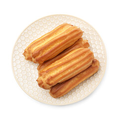 Tasty eclairs isolated on white, top view