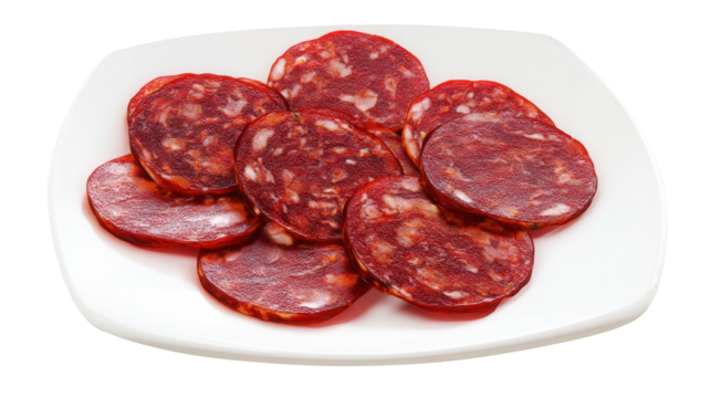Chorizo slices isolated on a clean white plate transparent background. Generative AI