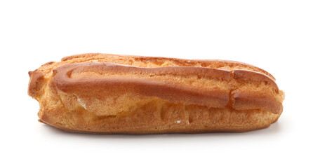 One tasty eclair isolated on white. Delicious dessert