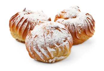 Tasty profiteroles with powdered sugar isolated on white
