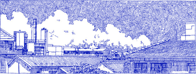 Obraz premium The image is a blue and white drawing of a cityscape with a train and a factory. vector illustration