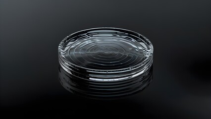 Ultra-realistic crystal disc with concentric ripples floating above reflective black water