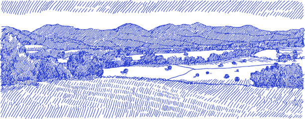Fototapeta premium A blue and white drawing of a field with trees and mountains in the background. The drawing is in blue and white. vector illustration