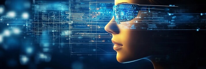 Woman with Augmented Reality Glasses Analyzing Computer Data Visualization in Futuristic Setting