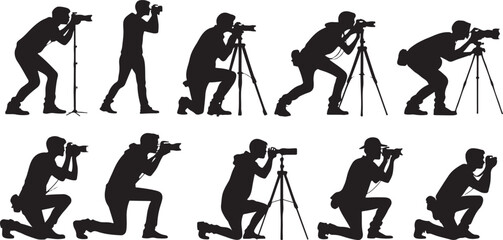 Silhouette of photographers in various poses with cameras and tripods
