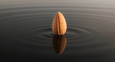 Close-up textured almond floating over reflective black surface in minimal premium food style