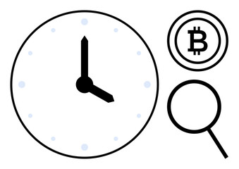 Clock indicating time alongside Bitcoin currency icon and magnifying glass to suggest blockchain analytics and trading insights. Ideal for finance, economics, investment, technology, research, time