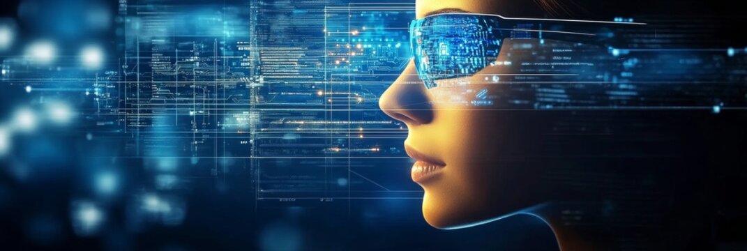 Woman with Augmented Reality Glasses Analyzing Computer Data Visualization in Futuristic Setting