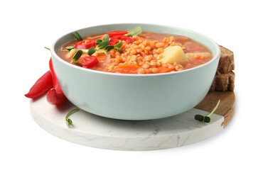 Delicious lentil soup with vegetables and bread isolated on white