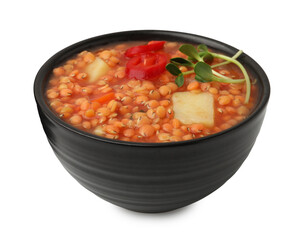 Delicious lentil soup with vegetables in bowl isolated on white