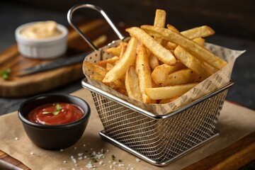 Golden french fries served in a metal basket with ketchup and aioli sauce.