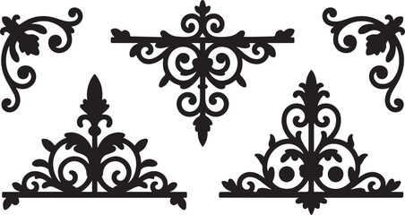Black Ornate Decorative Corner Elements and Centerpiece on White Background scrollwork