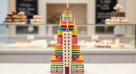 Colorful Candy Skyscraper Edible Art Piece in a Bakery Display.