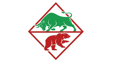 A symbolic illustration featuring a green bull and a red bear within a diamond frame, representing market forces.