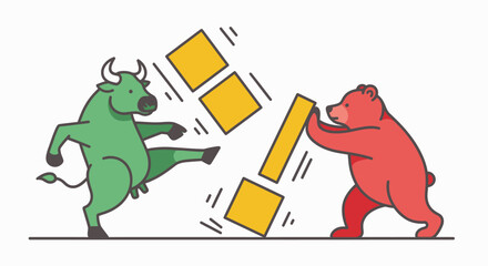 A green bull kicking yellow blocks while a red bear pushes against them.