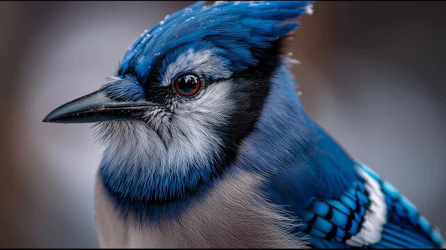 A blue jay perches gracefully on a branch, displaying vibrant blue feathers and distinct facial markings while exploring its surroundings