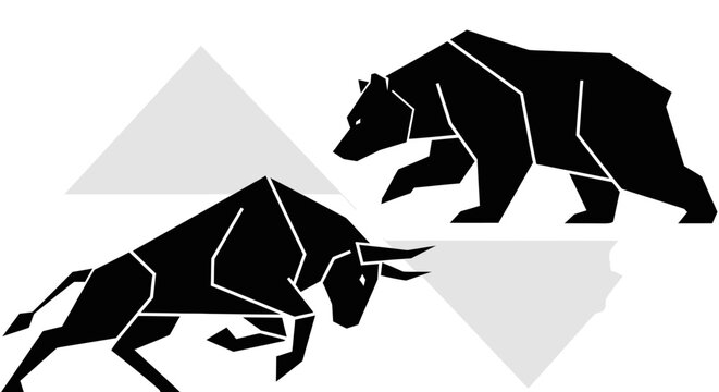 Illustration of a bull charging towards a bear, symbolizing market trends with geometric shapes in the background.