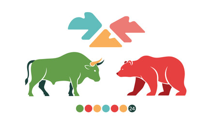 Illustration depicting a green bull and a red bear facing each other, with abstract arrow shapes above.