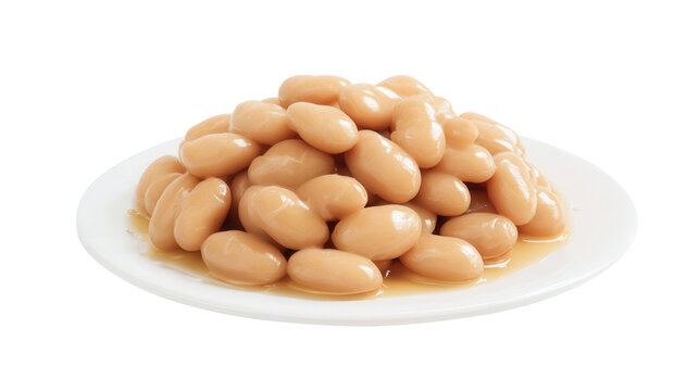 Canned white beans on a clean white plate with light sauce – transparent background. Generative AI