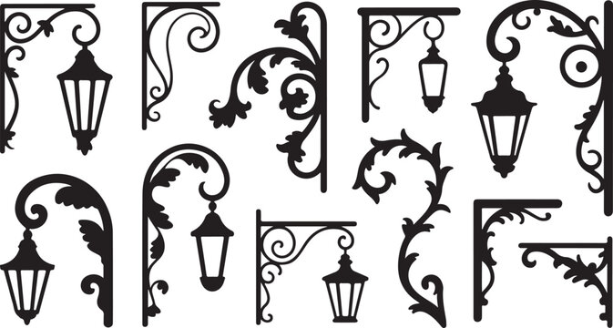 Collage of black silhouette decorative brackets, lamp posts, and scrollwork designs on white