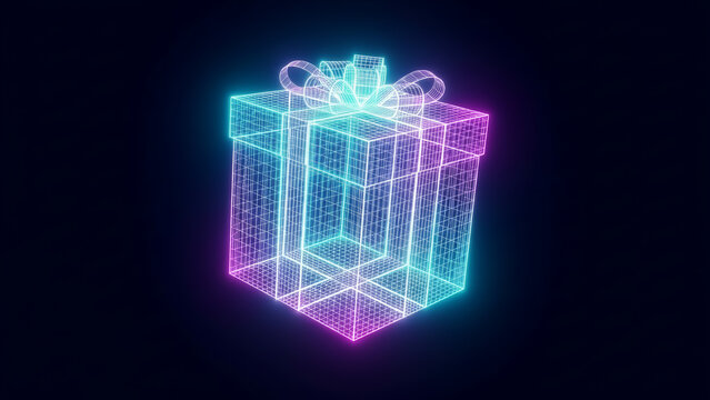 A glowing wireframe gift box with a ribbon on top against a dark background