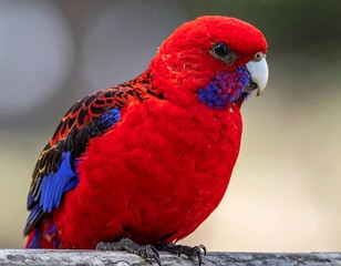 Bright red and blue bird poses, perched on a weathered rail, blurry bokeh background