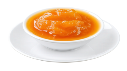 Apricot Jam in a Small White Bowl with Glossy Orange Texture on a White Plate Transparent Background. Generative AI