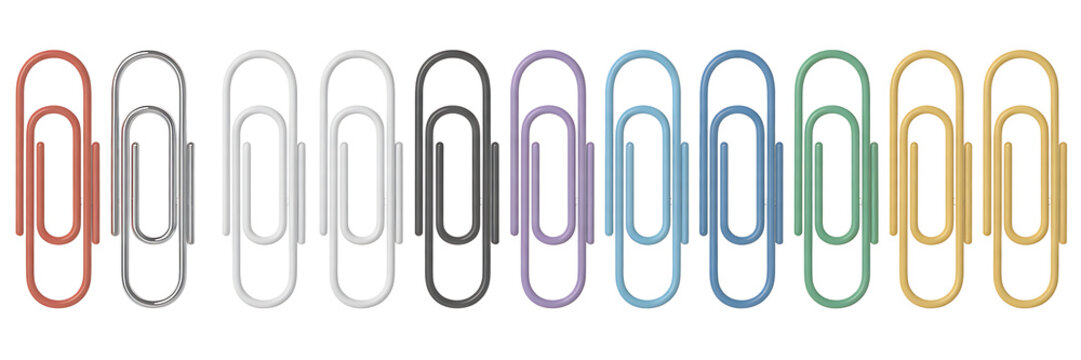 Colorful paper clips in a row, showcasing various hues for office and school supplies, isolated on white background - Powered by Adobe