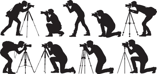 Silhouette of photographers in various poses with cameras and tripods