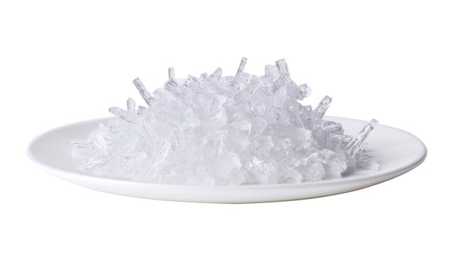 Monosodium glutamate crystals isolated on a clean white plate transparent background. Generative AI