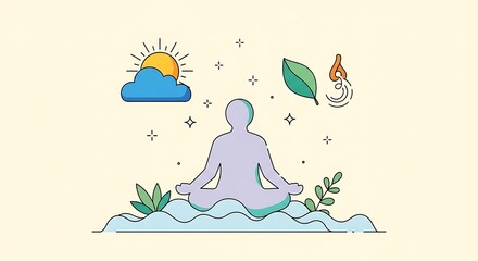Silhouette of a person meditating in a serene environment with elements representing nature, sunlight, and inner peace, conveying mindfulness and tranquility