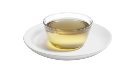 Apple cider vinegar in a small glass bowl on a clean white plate with transparent background. Generative AI
