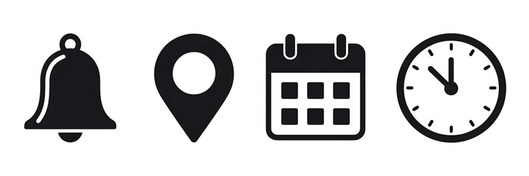 Four black minimalist icons notification bell, location pin, calendar, and clock, isolated on white background