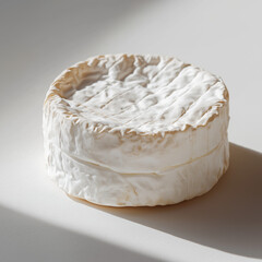 round wheel of soft cheese, likely a brie or camembert, presented in a minimalistic and photorealistic style. The focus is on the texture, lighting, and natural details of the cheese, creating a clean
