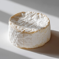 round wheel of soft cheese, likely a brie or camembert, presented in a minimalistic and photorealistic style. The focus is on the texture, lighting, and natural details of the cheese, creating a clean