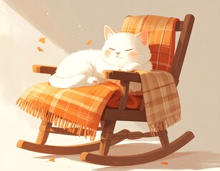 Cartoon white cat sleeps on a cozy orange blanket in a wooden rocking chair, bathed in warm, light