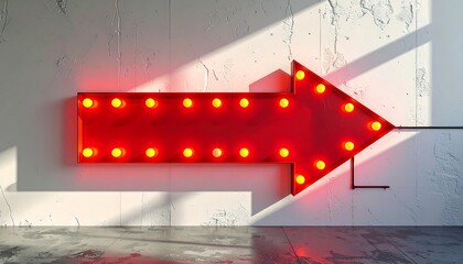 Bright red arrow, lit with warm bulbs, points right on a textured, partly shadowed concrete wall